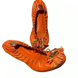 Tory Burch Burnt Orange Leather Tassel Ballet Flats, Size 5.5‎